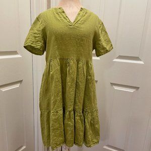 New Francesca Bettini Women's 100% Linen Midi Dress L Green Tiered Design Boho